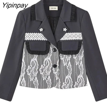 Yipinpay 2023 Autum Floral Lace Full Sleeve Women Short Blazer jacket Korean style Patchwork Suit Blazer Work Female Clothing Coat
